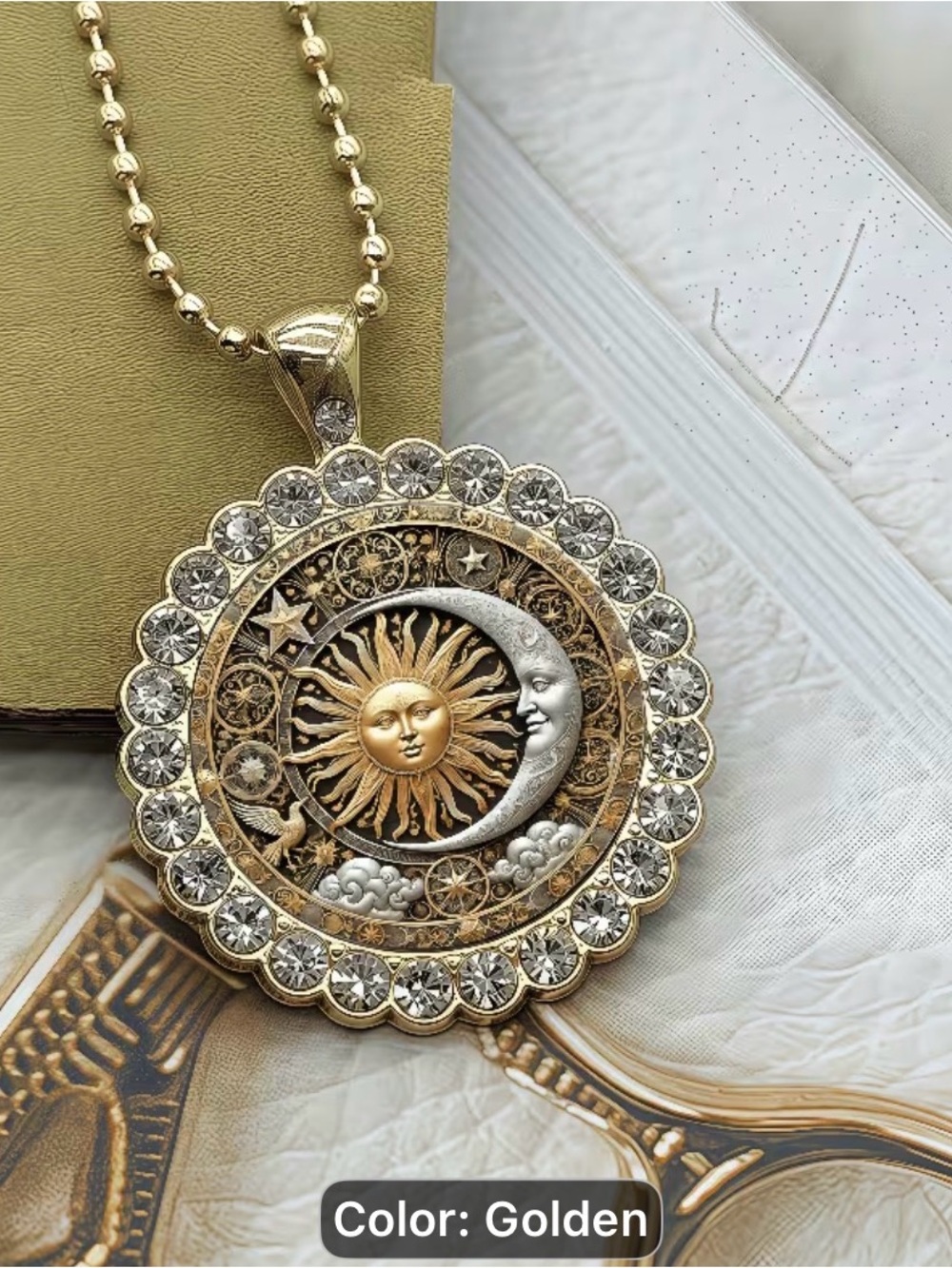 Vintage Geometric Golden Sun & Moon Pendant Necklace - Women Jewelry